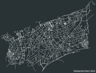 Detailed negative navigation white lines urban street roads map of the GELSENKIRCHEN-SÜD DISTRICT of the German regional capital city of Gelsenkirchen, Germany on dark gray background