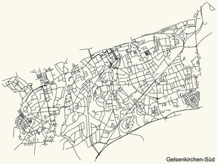 Fototapeta na wymiar Detailed navigation black lines urban street roads map of the GELSENKIRCHEN-SÜD DISTRICT of the German regional capital city of Gelsenkirchen, Germany on vintage beige background
