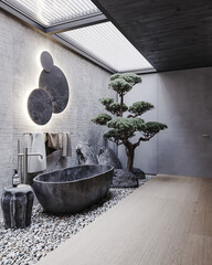 3d Rendering of dark natural bathroom with stone bath and bonsai