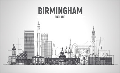 Birmingham (England) line city skyline vector at white background. Stroke vector illustration. Business travel and tourism concept with modern buildings. Image for banner or web site. - obrazy, fototapety, plakaty