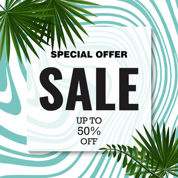 Striped background for summer sale. template. Summer background with tropical leaves . Tropic discount banner. EPS 10