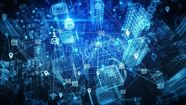 4K Loop Animation of Face Detection 3d Scanning. Biometric Facial Recognition. Face Id. Digital Cityscape futuristic network connection Smart city IOT internet of thing technology. 5g Cyberspace