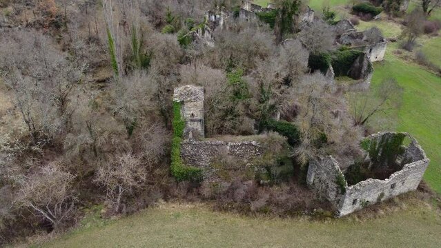 Abandoned village called "Santa Olaria de Ara" in Huesca, Spain, in ruins due to rural depopulation mixed with vegetation
