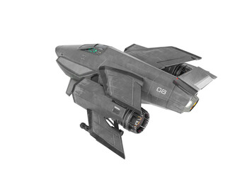 super sonic space ship in white background bird eye cool rear view