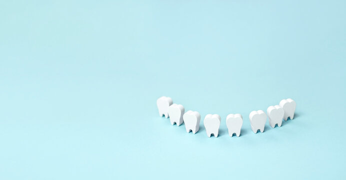 Teeth models standing in a row making a smile on a blue background. Dental banner background. Healthy, strong snow-white teeth.  World Dentist Day. International Oral Health