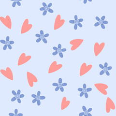 Flowers, heart and leaf seamless pattern. Scandinavian style background. Vector illustration for fabric design, gift paper, baby clothes, textiles, cards.
