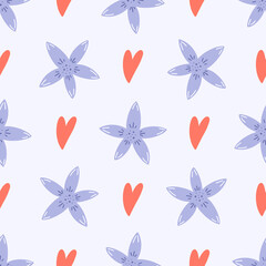 Flowers, heart and leaf seamless pattern. Scandinavian style background. Vector illustration for fabric design, gift paper, baby clothes, textiles, cards.