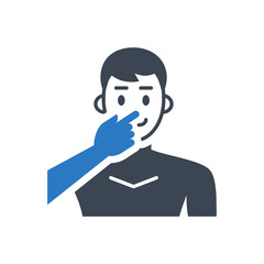 Avoid face touch related vector glyph icon. Man touches face with finger. Avoid face sign. Isolated on white background. Editable vector illustration
