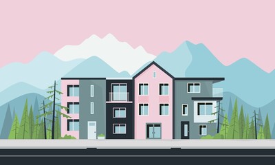 Pink houses with mountain at the background