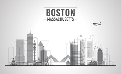 Naklejka premium Boston ( Massachusetts, USA ) line city skyline with a panorama on white background. Vector Illustration. Business travel and tourism concept with modern buildings. Image for presentation, web.