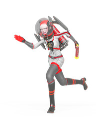 vintage astronaut girl is running with laser gun in her hand