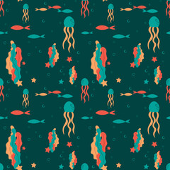 Hand drawn world oceans day seamless pattern.