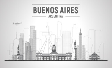 Buenos Aires ( Argentina ) line skyline with a panorama on white background. Vector Illustration. Business travel and tourism concept with modern buildings. Image for presentation, banner, website.