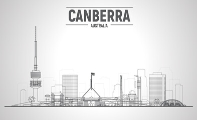 Canberra Australia line skyline with on white background. Vector Illustration. Business travel and tourism concept with modern buildings. Image for presentation, banner, website.