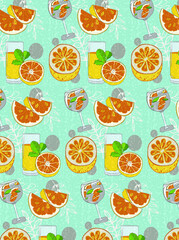  Seamless pattern with oranges and juice on the light blue background.