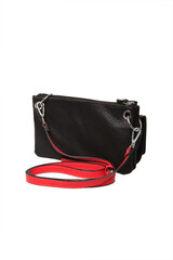 Women's black leather bag with red handles, isolate on a white background. Back view