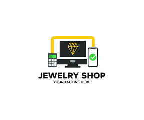 Online Jewelry shop showcase logo design. Diamond shop with rings and necklaces luxury retail store window display vector design and illustration.