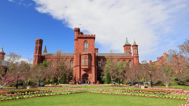 Sunny exterior view of the Smithsonian Castle