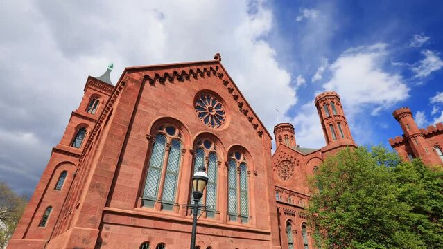 Sunny exterior view of the Smithsonian Castle