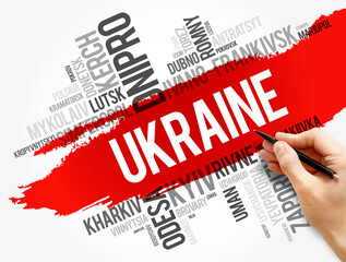 List of cities in Ukraine word cloud collage, business and travel concept background