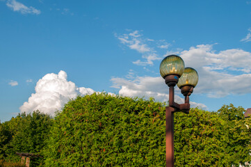 Lamps in the city park, green bushes, modern decoration on a background of blue sky