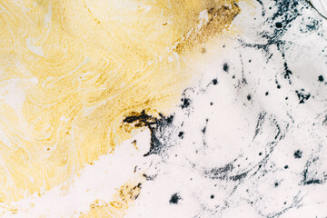 Fabric texture black with yellow natural silk marble print, tie-dye technique.