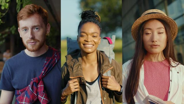 Collage of different multiethnic males and females in city look at camera on street. Travel multiscreen tourism outdoors. Close up. Slow motion
