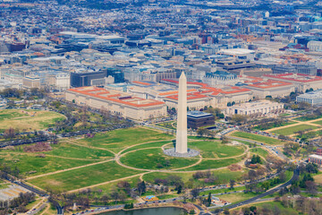 Aerial view of the cityscape and Washington Monument of Washington DC