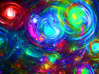 Composición de arte fantástico digital consistente en manchas en colores brillantes formando un todo que simulan ser unos asteroides luminosos atraídos por un agujero negro.