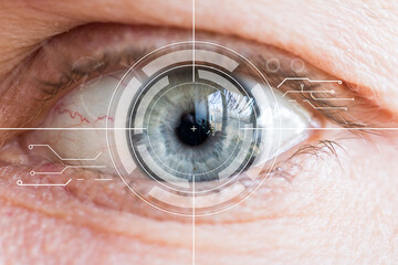 Eye virtual monitoring and eye scan. Biometric iris scan of male eye closeup.