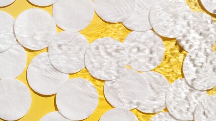 Poured water making splashes and ripples over cotton pads on yellow background | skin care background, cleansing lotion commercial