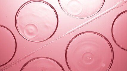 Top view macro shot of multiple drops are falling into transparent liquid in petri dishes on pink...