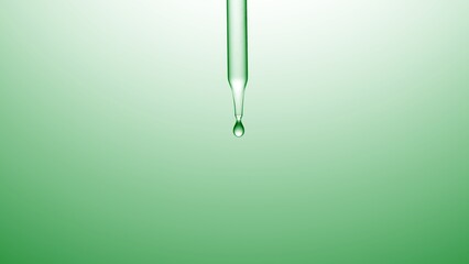 Macro shot of clear drop is dripping from chemical dropper on green background | Abstract skincare...