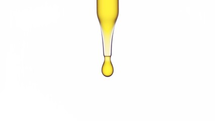 Macro shot of yellow drop dripping from chemical dropper on white background | Abstract body care...