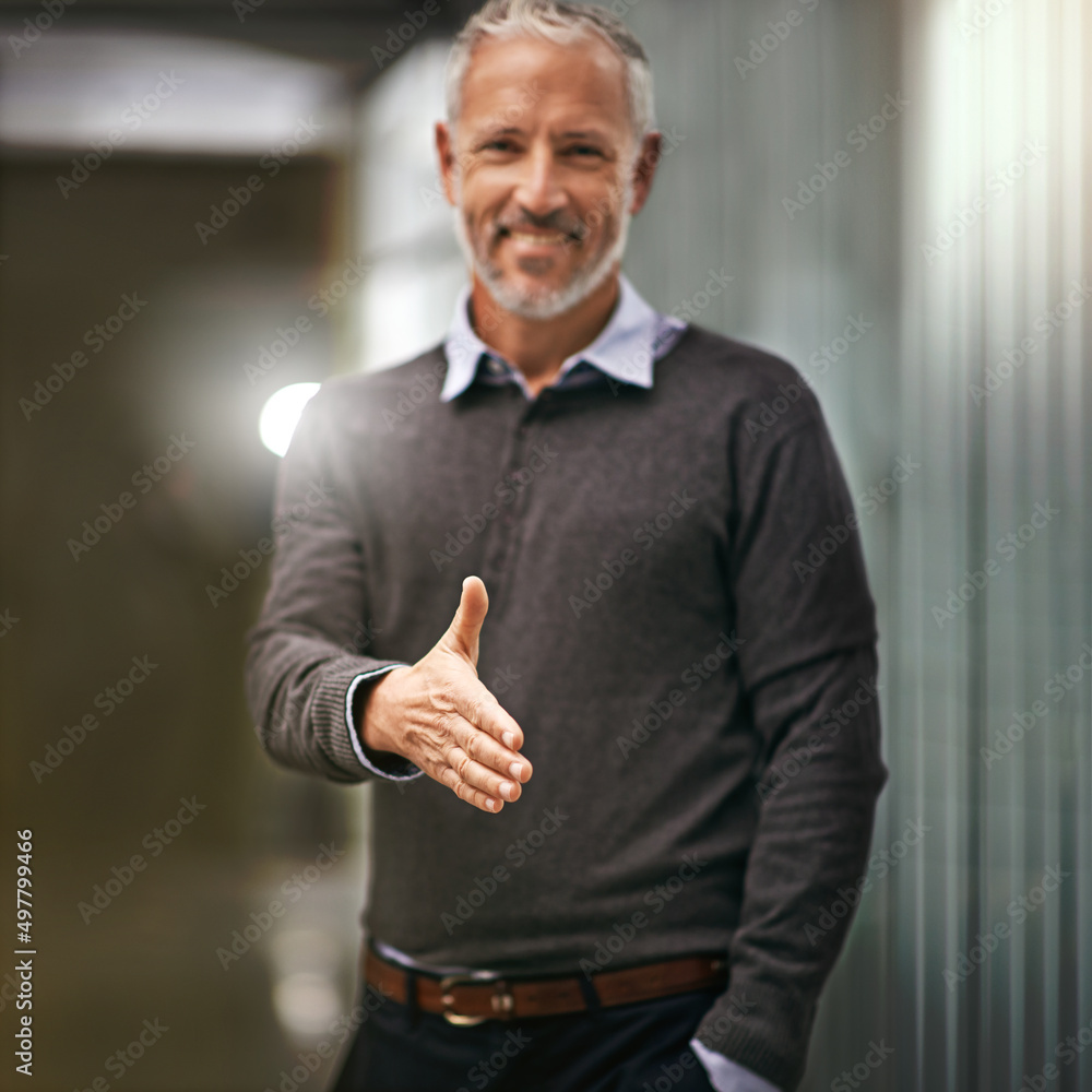 Aufkleber lets call it a deal then. portrait of a businessman gesturing for a handshake in an office.