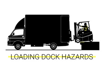 Loading dock hazards. Silhouette forklift truck falling from loading deck. Vector. - 497799488