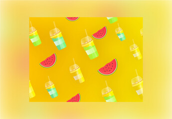 Realistic Disposable Drink Glasses and Watermelon Slice Decorated on Yellow Background
