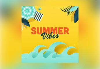 Summer Vibes Background with Top View Umbrella Sunbed and Paper Waves