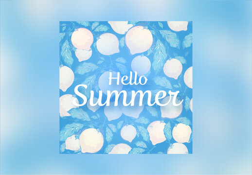 Hello Summer Font on Watercolor Effect Turnip with Leaves Seamless Pattern Blue Background