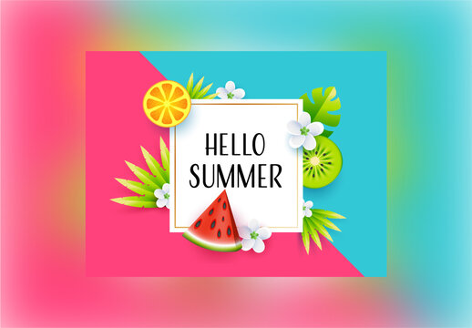 Pink and Blue Background Decorated with Fruits Leaves and Flowers for Hello Summer