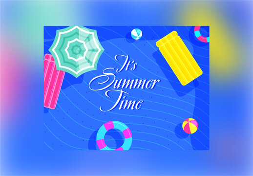 Summer Time Font on Blue Wavy Stripe Background with Realistic Beach Elements