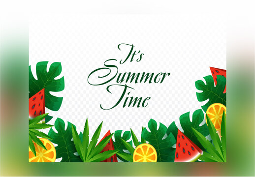 Summertime Font on White Background Decorated with Realistic Fruit Slices and Tropical Leaves