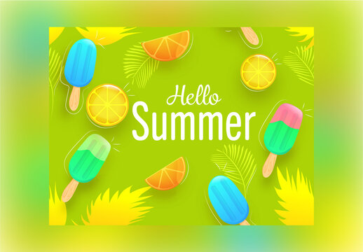 Realistic Fruit Slices with Ice Creams and Tropical Leaves Decorated on Green Background for Hello Summer