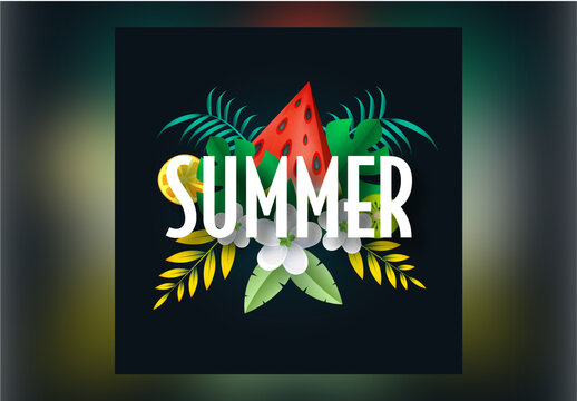 Paper Cut Summer Text with Tropical Leaves Flowers and Realistic Fruit on Black Background