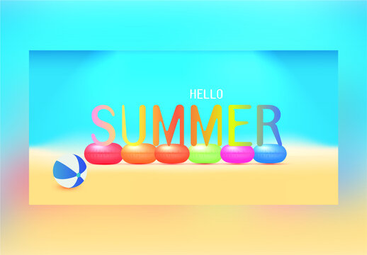 Colorful Gradient Summer Text on Realistic Swimming Rings and Beach Ball