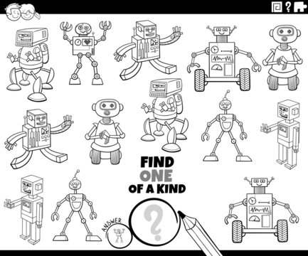 one of a kind task with cartoon robots coloring book page