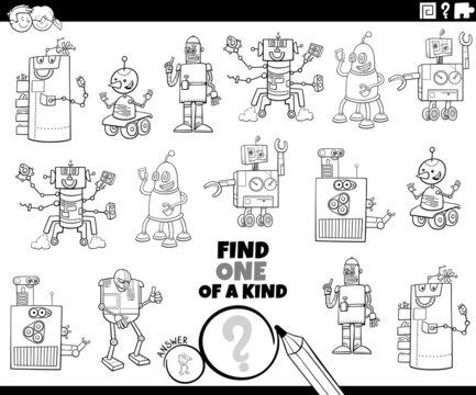 one of a kind task with cartoon robots coloring book page