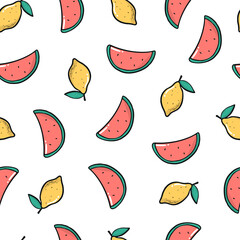 summer seamless pattern with hand drawn watermelons and lemons on white background. Good for wrapping paper, prints, scrapbooking, wallpaper, kids textile, etc. EPS 10