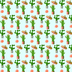 Seamless pattern with cactus and sombrero in green and pink colour