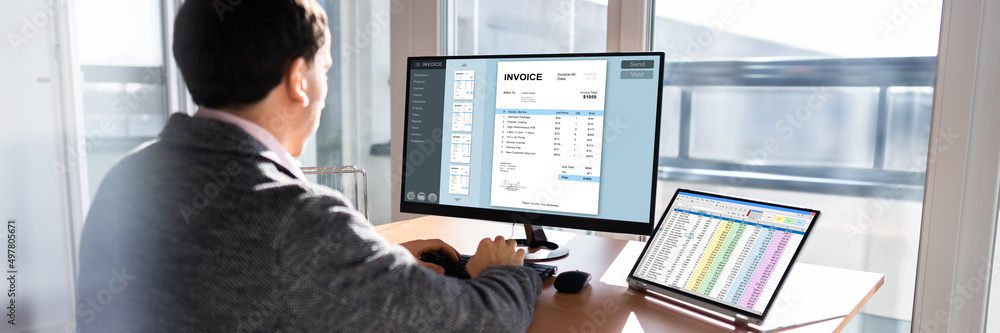 Aufkleber man using finance spreadsheet report